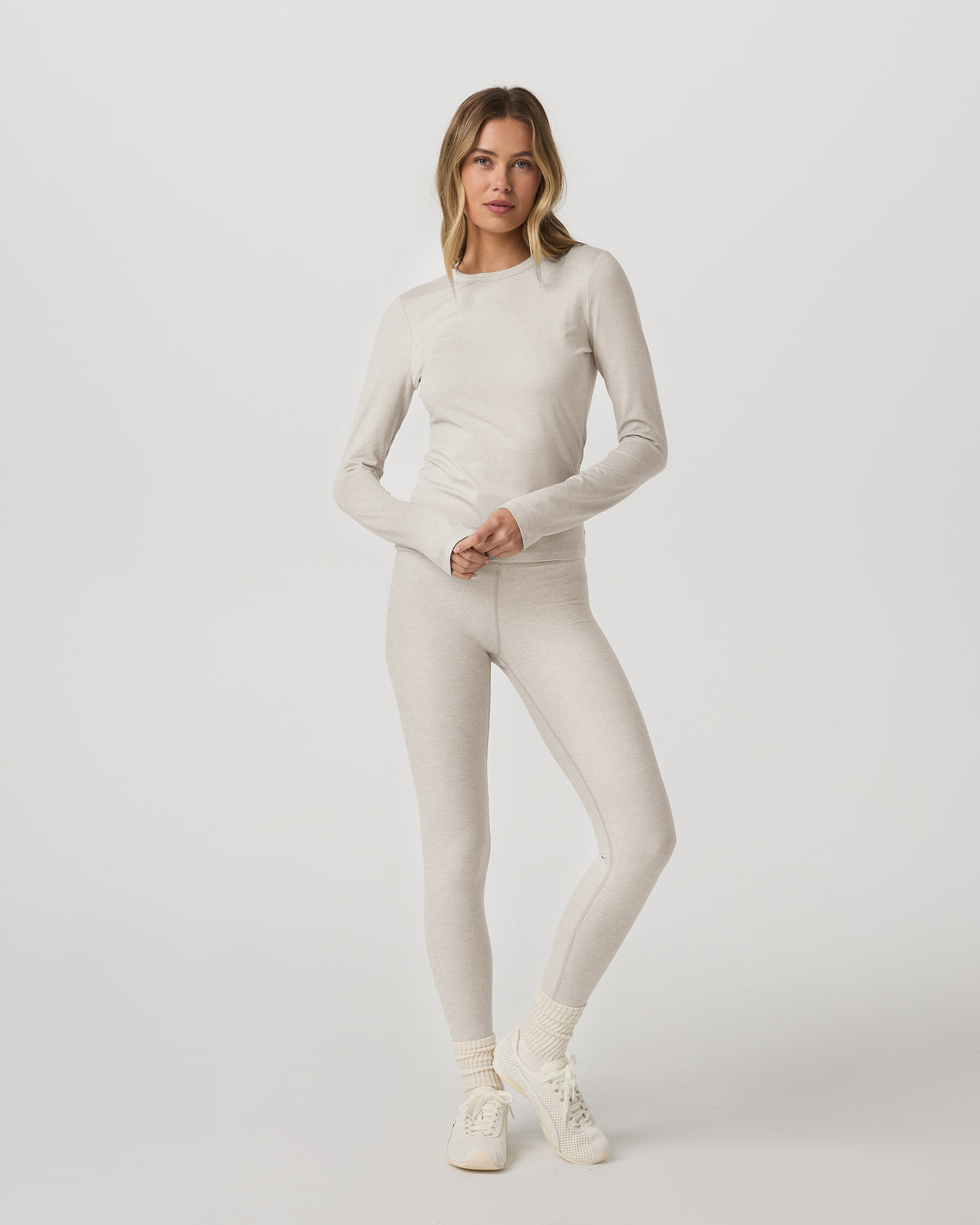 Women|New Vuori Long Sleeve Halo Essential Crew Tee Ecru Heather Shirt