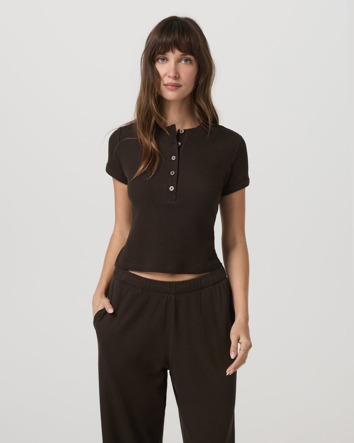 Women Vuori Short Sleeve Waffle Baby Tee Women's Dark Java T-Shirt