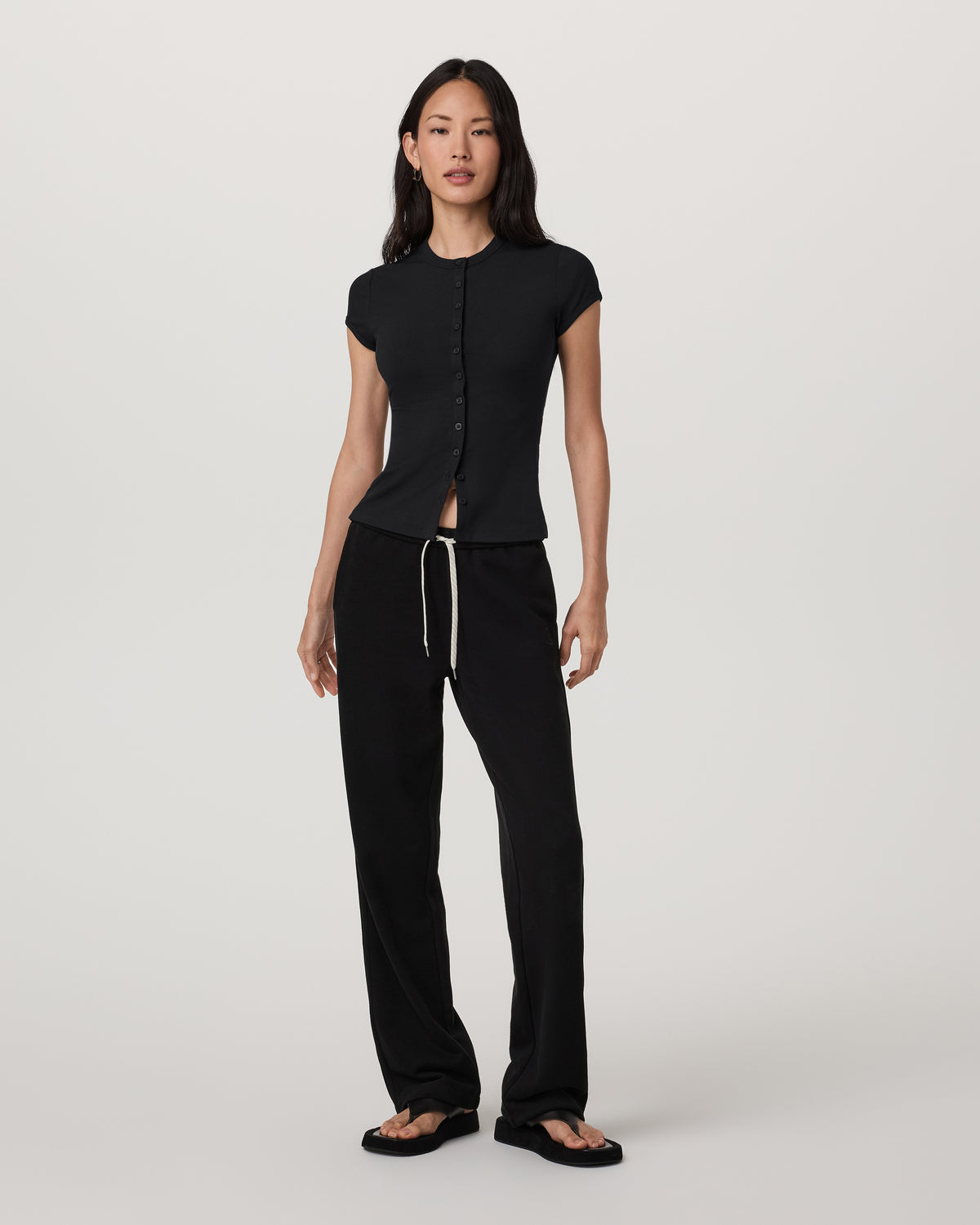 Women Vuori Short Sleeve Pose Button Up Women's Black Crewneck| Vuori