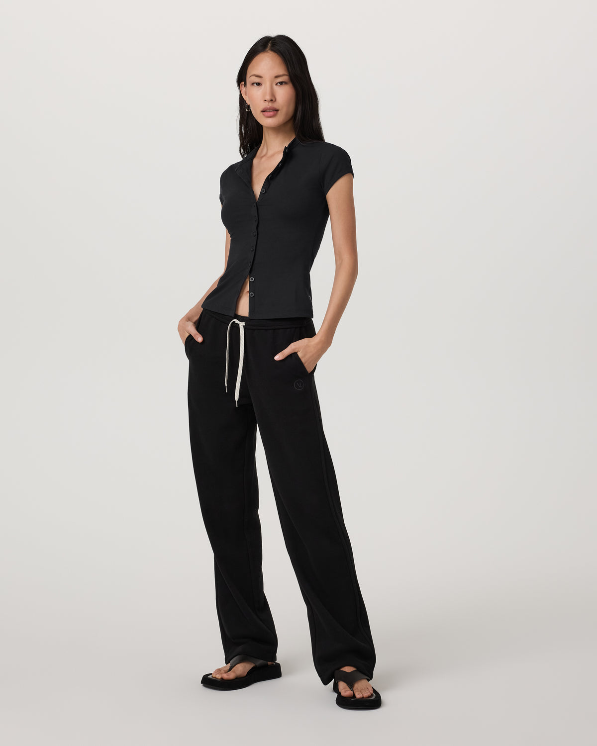 Women Vuori Short Sleeve Pose Button Up Women's Black Crewneck| Vuori