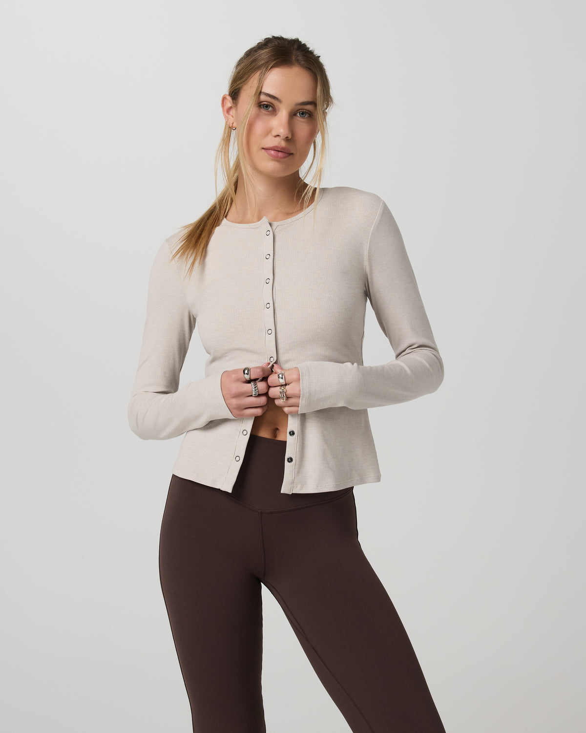 Women|New Vuori Long Sleeve Pose Twin Cardigan Women's Ecru Heather Top