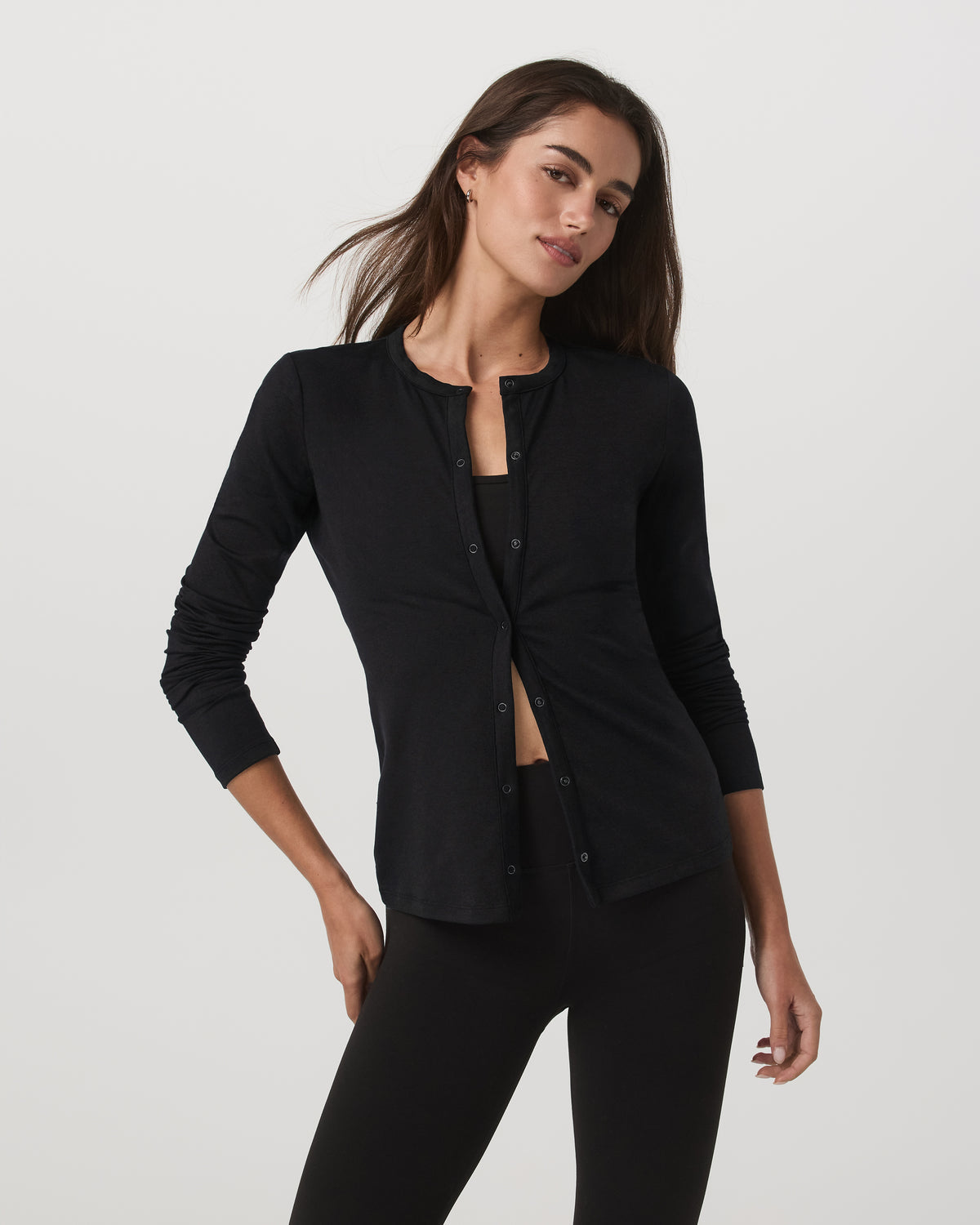 Women|New Vuori Women's Long Sleeve Halo Snap Cardigan Black Heather