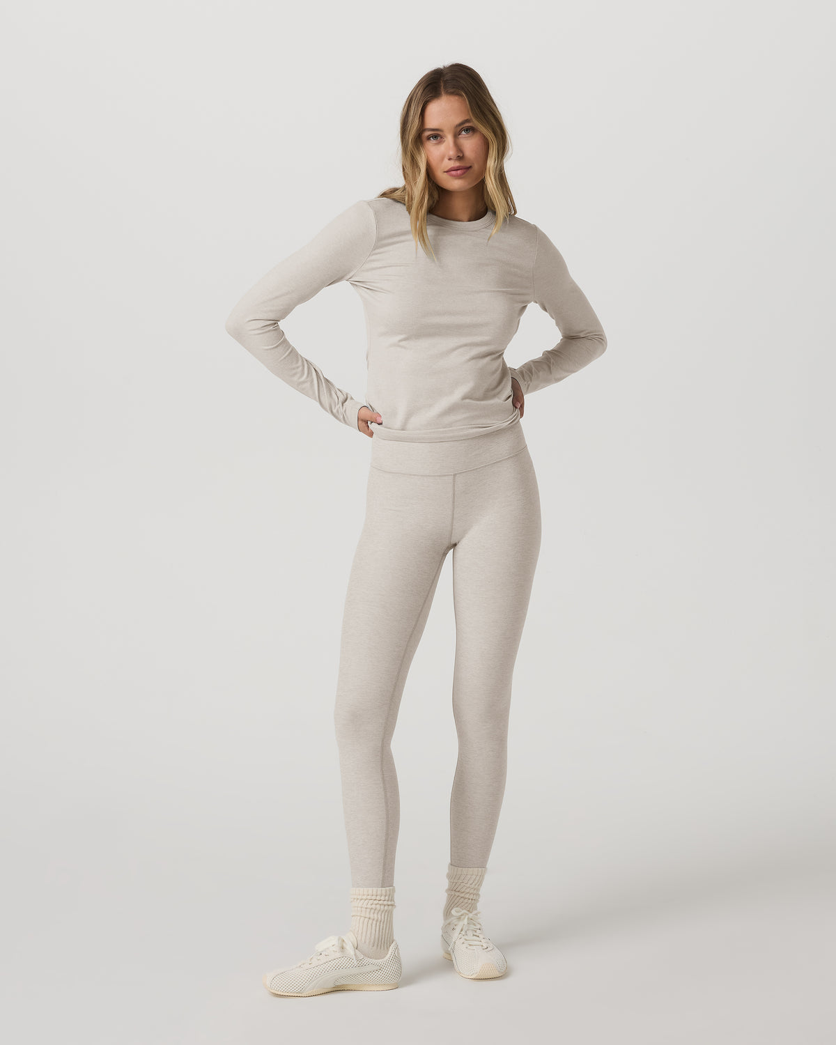 Women|New Vuori Long Sleeve Halo Essential Crew Tee Ecru Heather Shirt