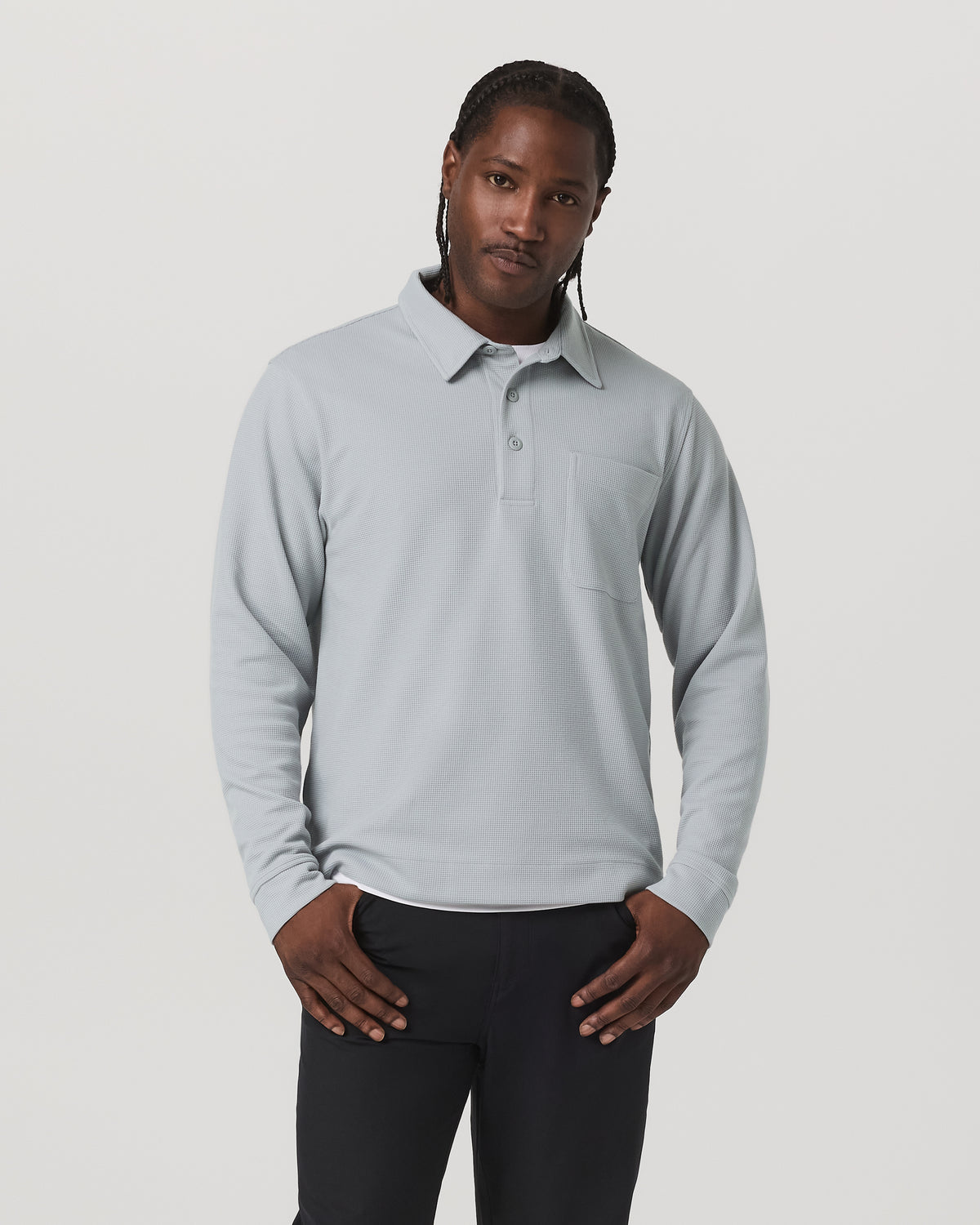 Men Vuori Long Sleeve Waffle Polo Men's Sea Fog Polo Shirt