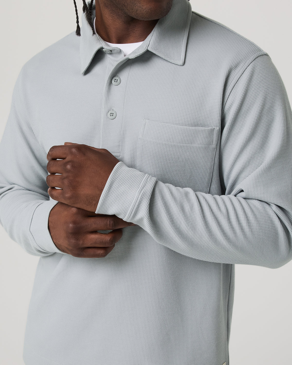 Men Vuori Long Sleeve Waffle Polo Men's Sea Fog Polo Shirt