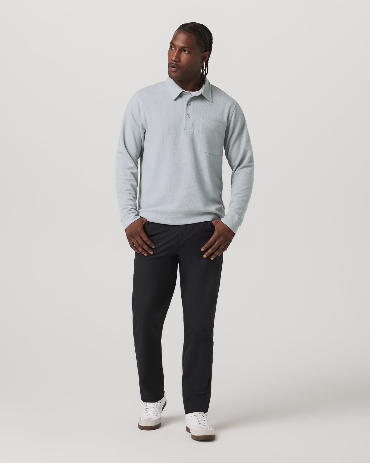 Men Vuori Long Sleeve Waffle Polo Men's Sea Fog Polo Shirt