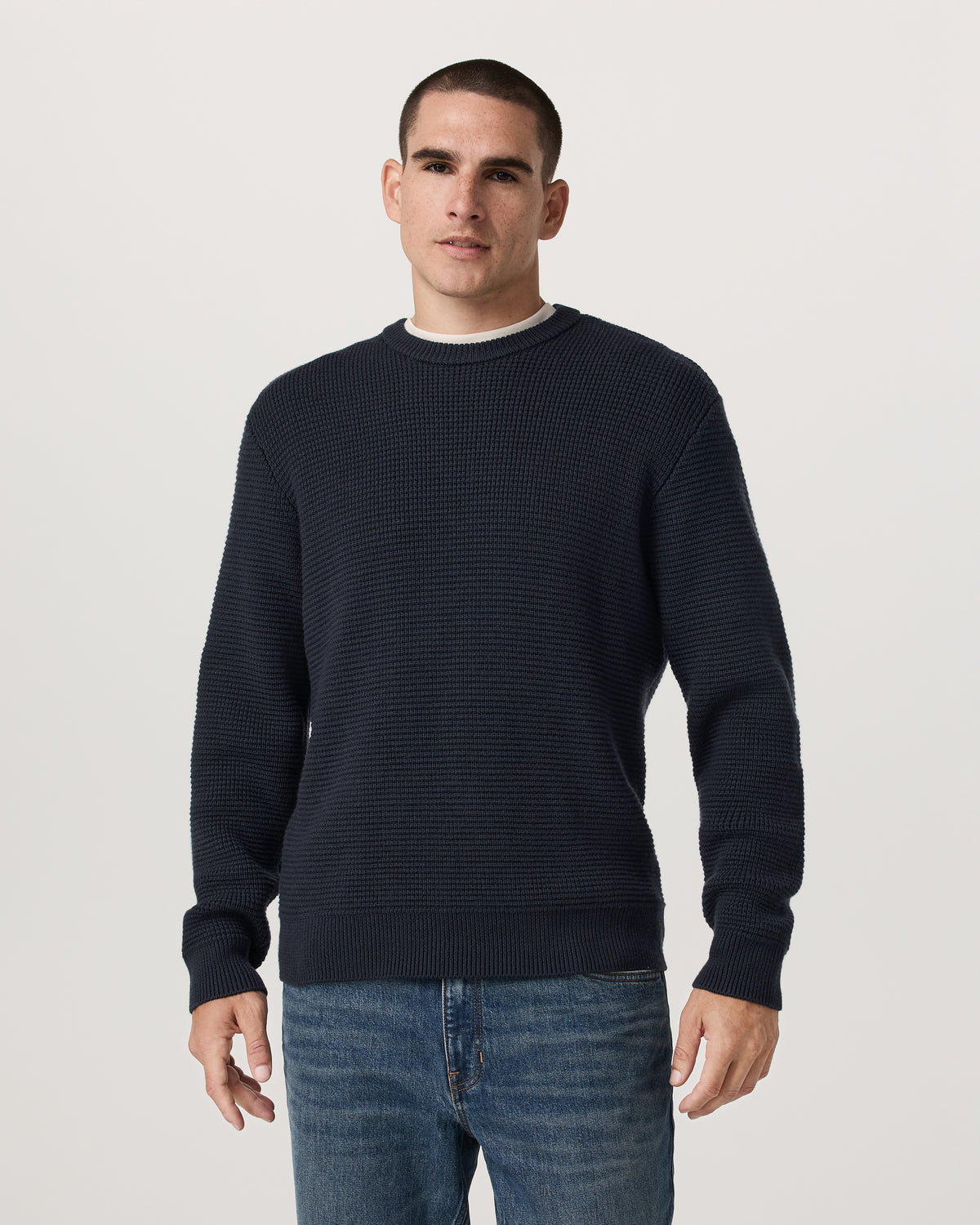 Men Vuori Denver Waffle Crew Sweater Men's Navy Wool Sweater