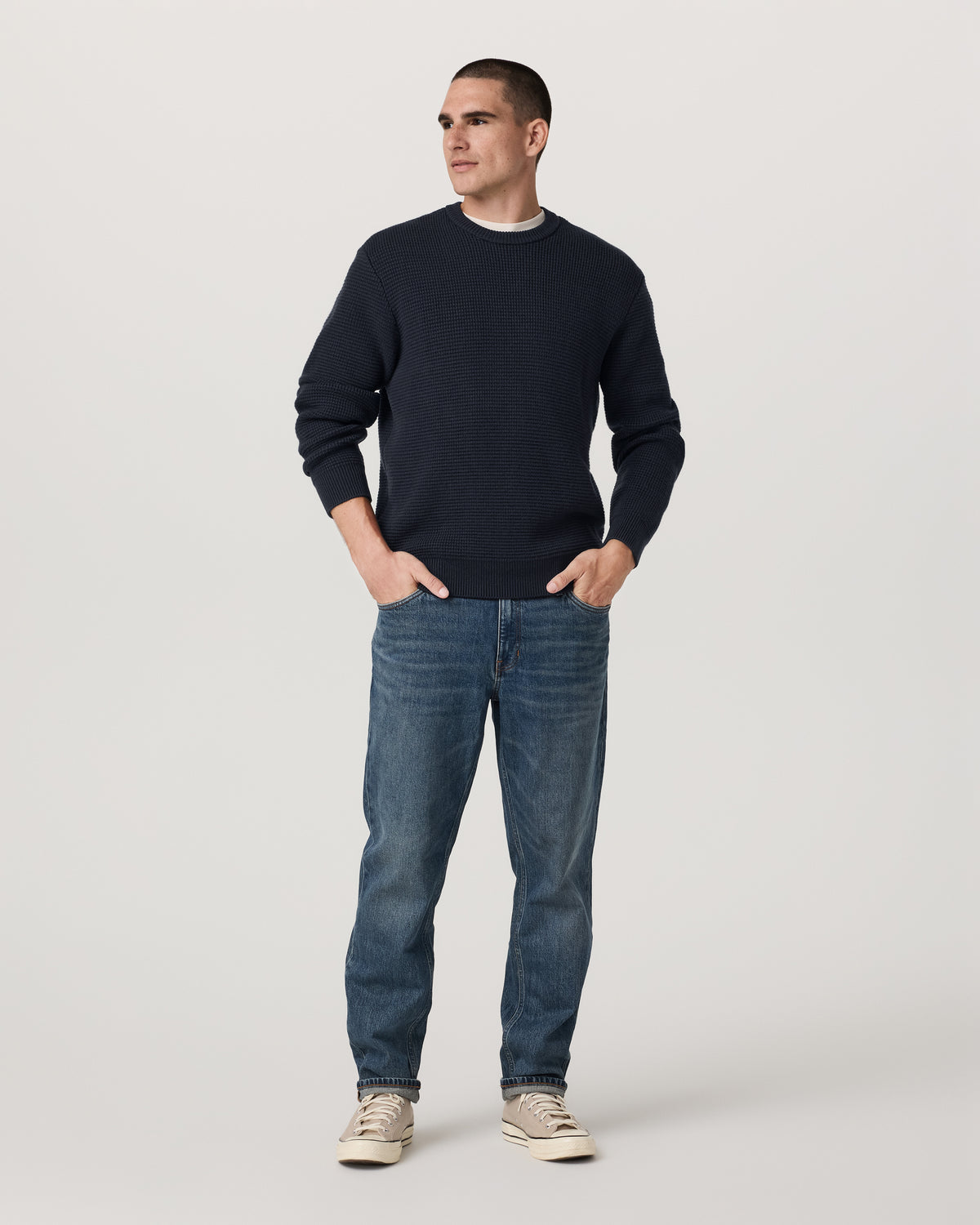 Men Vuori Denver Waffle Crew Sweater Men's Navy Wool Sweater