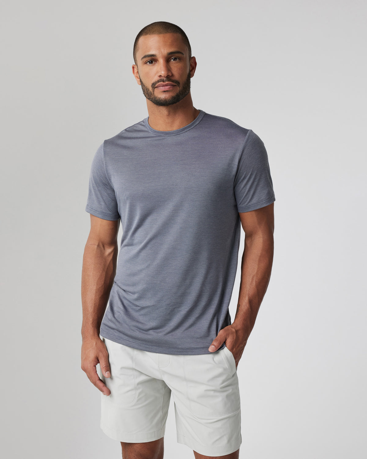 Men Vuori Short Sleeve Marina Stripe Tee Dark Pewter Run Shirt