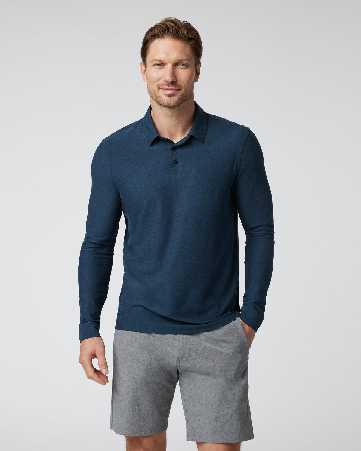 Men Vuori Long Sleeve Strato Tech Polo Navy Heather Blue Polo