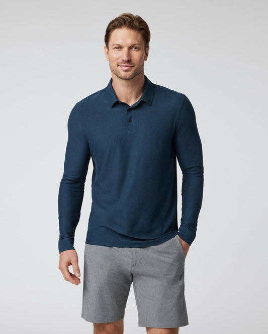 Men Vuori Long Sleeve Strato Tech Polo Navy Heather Blue Polo