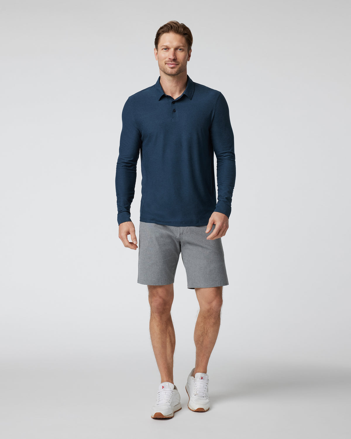 Men Vuori Long Sleeve Strato Tech Polo Navy Heather Blue Polo