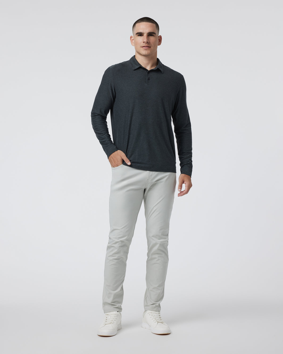 Men Vuori Long Sleeve Strato Tech Polo Charcoal Heather
