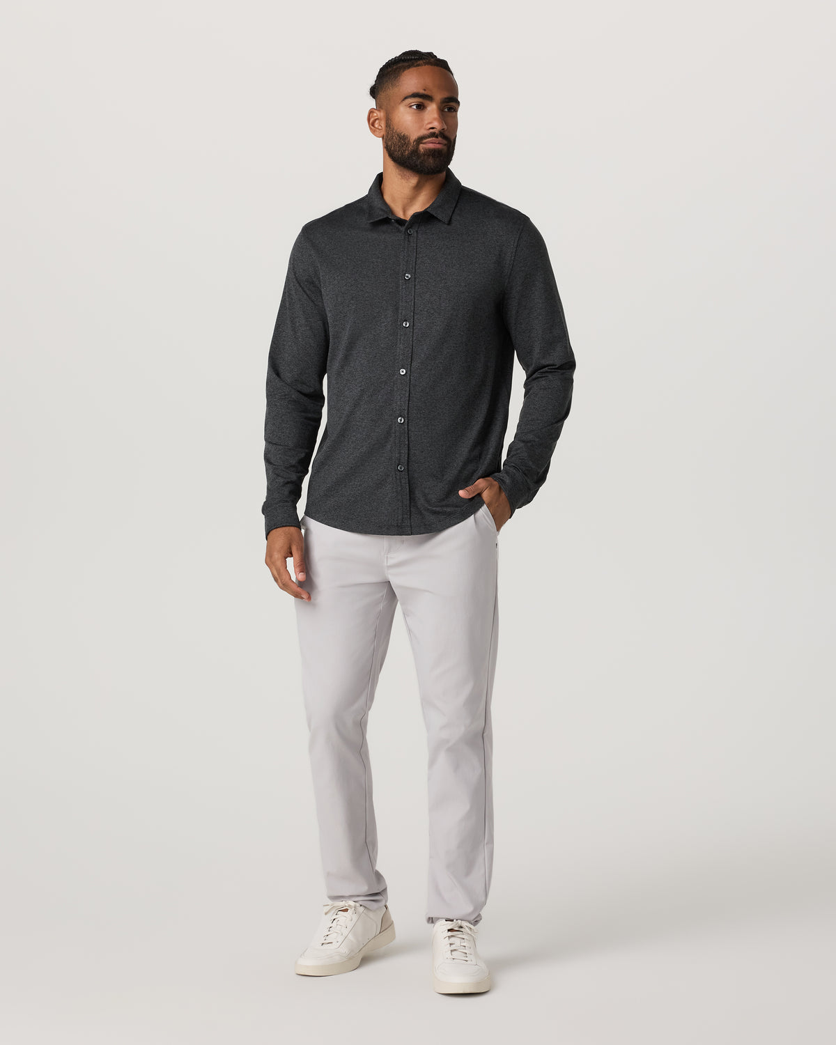 Men Vuori Men's Long Sleeve Ponto Button Down Charcoal Heather