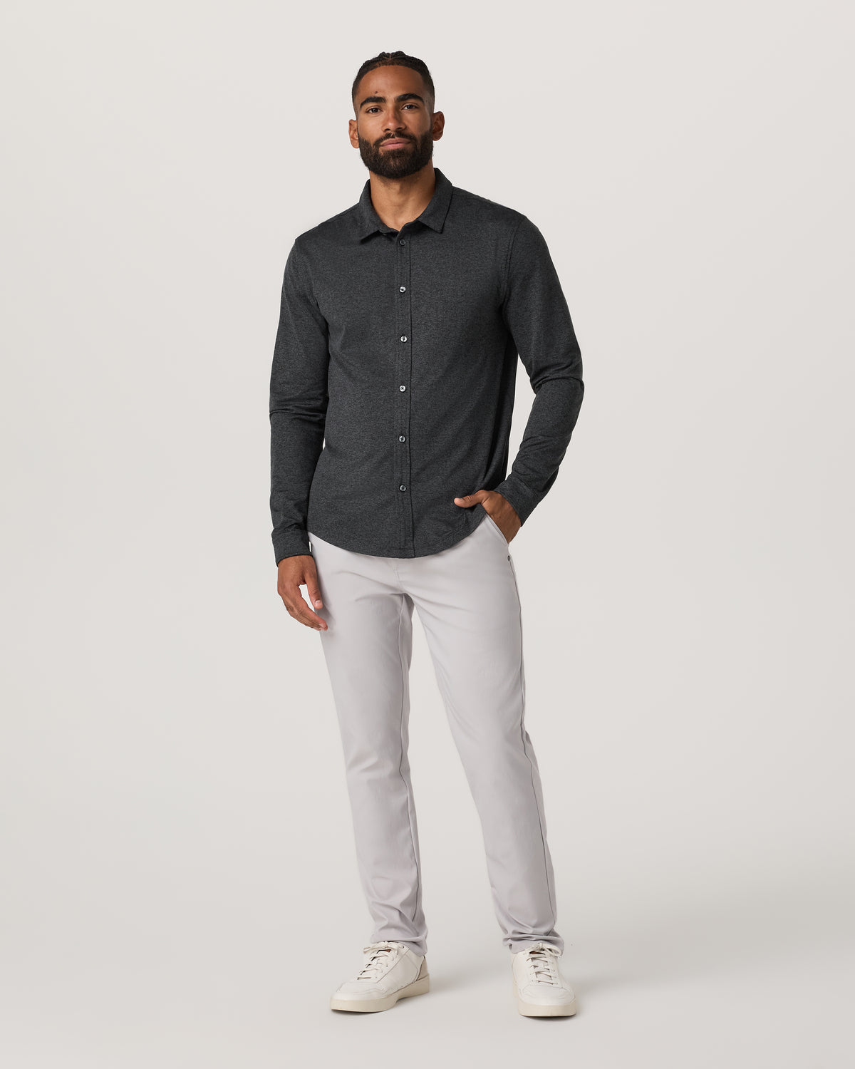 Men Vuori Men's Long Sleeve Ponto Button Down Charcoal Heather