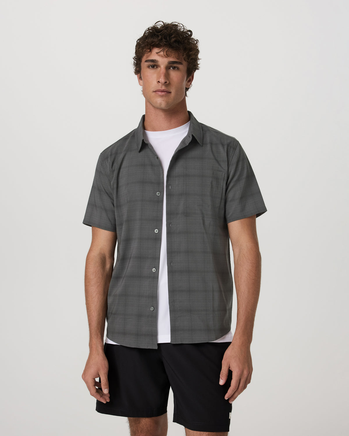Men Vuori Men's Short Sleeve Plaid Button Down Shirt Dark Pewter