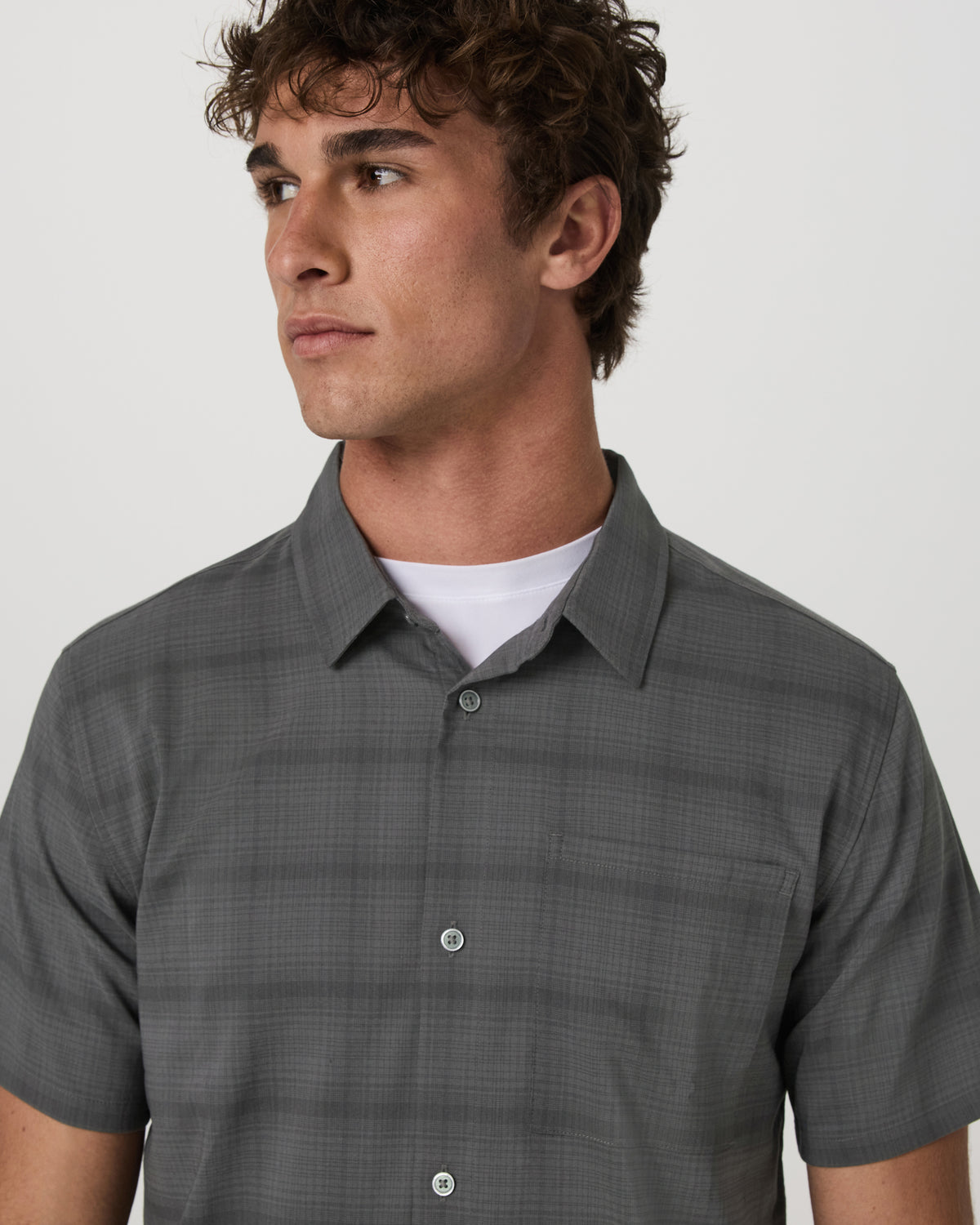 Men Vuori Men's Short Sleeve Plaid Button Down Shirt Dark Pewter