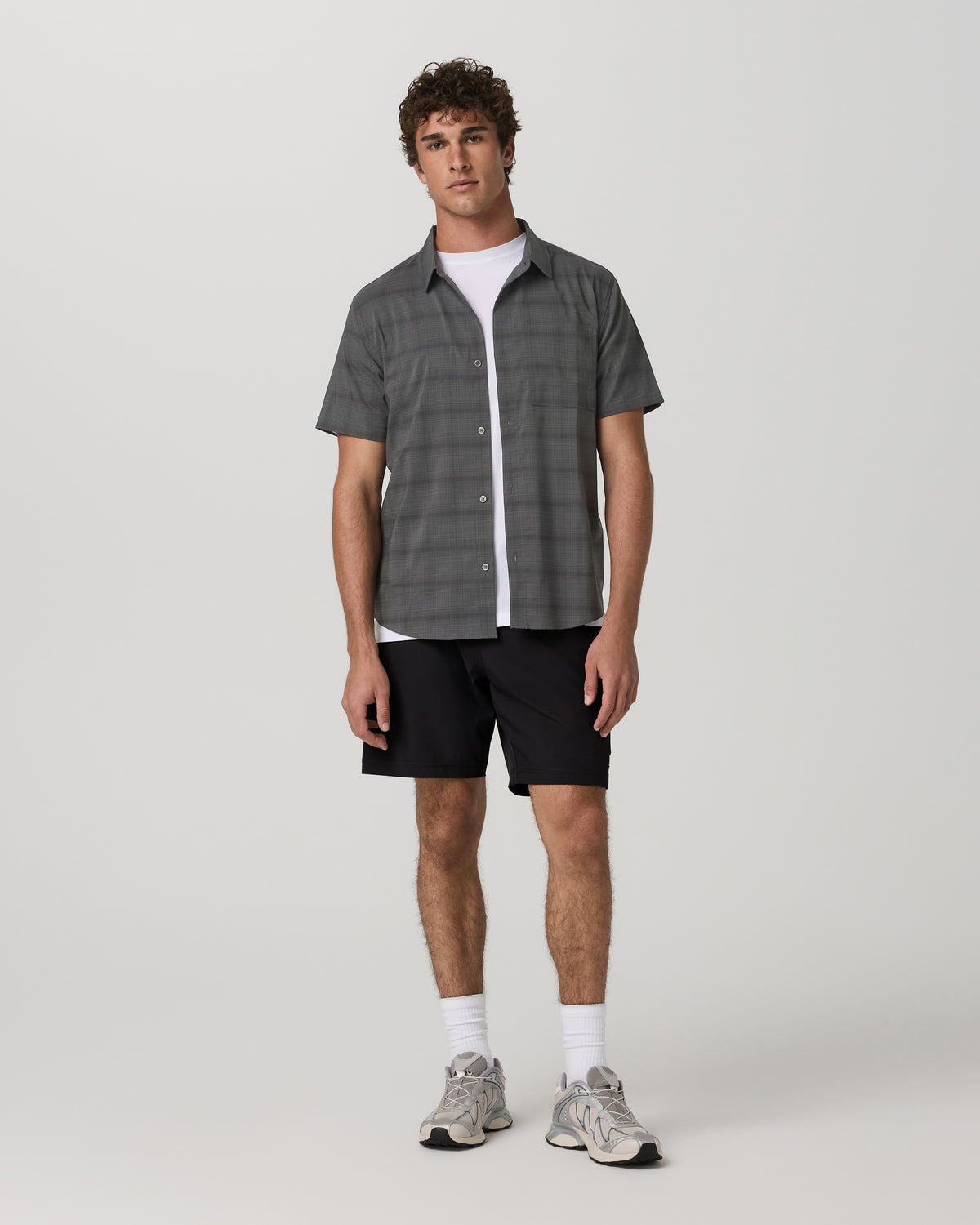 Men Vuori Men's Short Sleeve Plaid Button Down Shirt Dark Pewter
