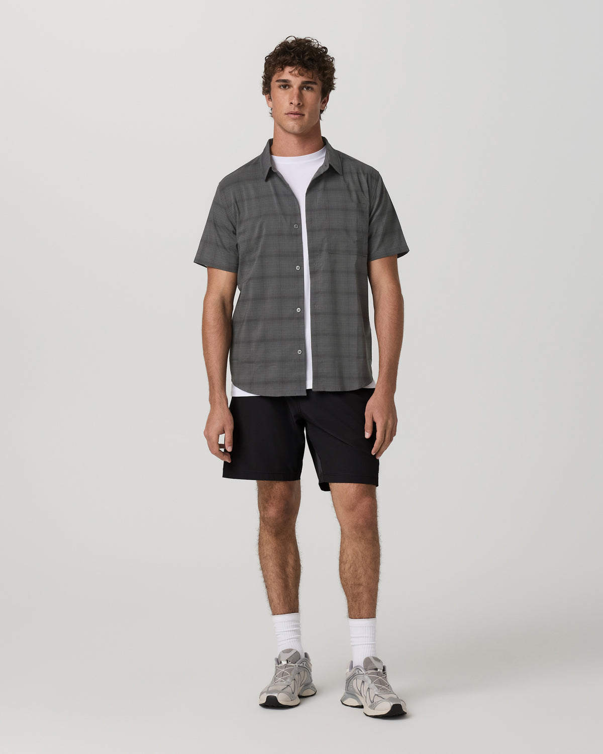 Men Vuori Men's Short Sleeve Plaid Button Down Shirt Dark Pewter