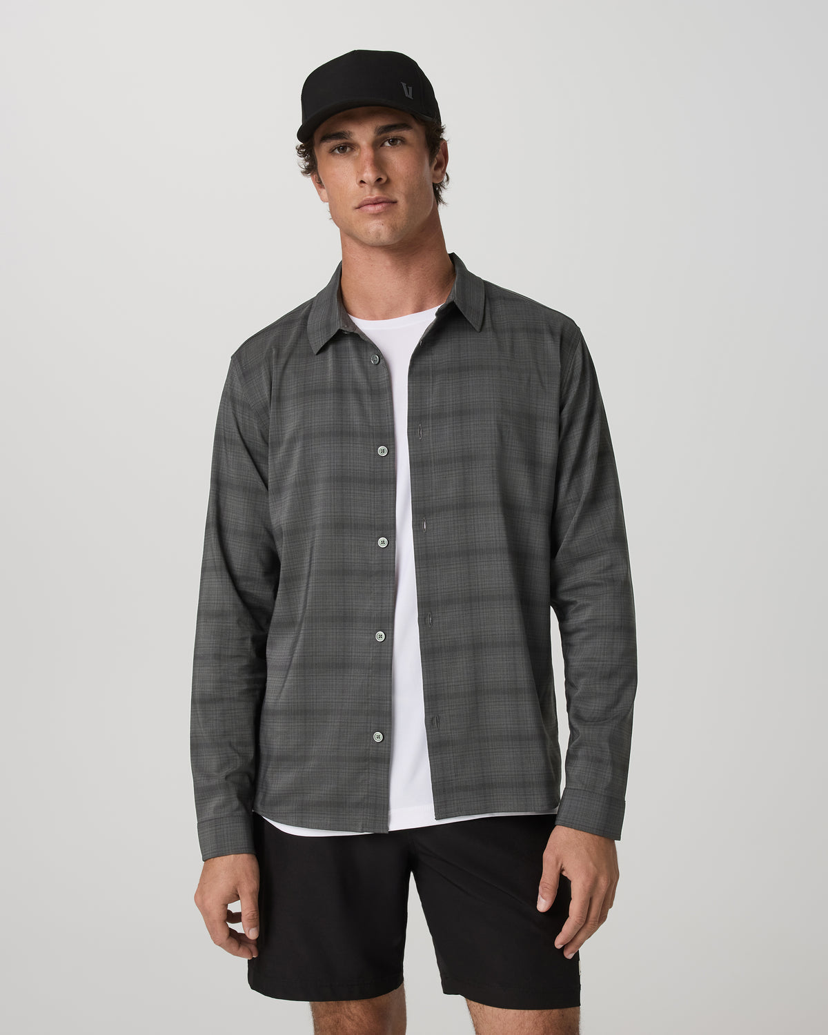 Men Vuori Men's Long Sleeve Plaid Button Down Shirt Dark Pewter