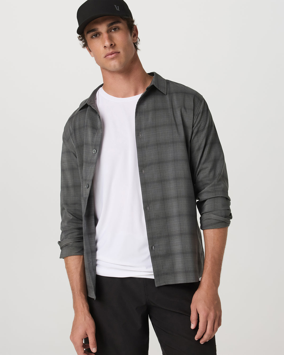 Men Vuori Men's Long Sleeve Plaid Button Down Shirt Dark Pewter