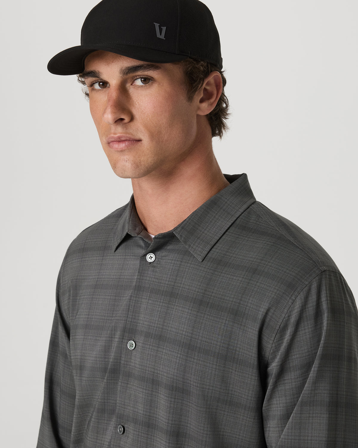 Men Vuori Men's Long Sleeve Plaid Button Down Shirt Dark Pewter
