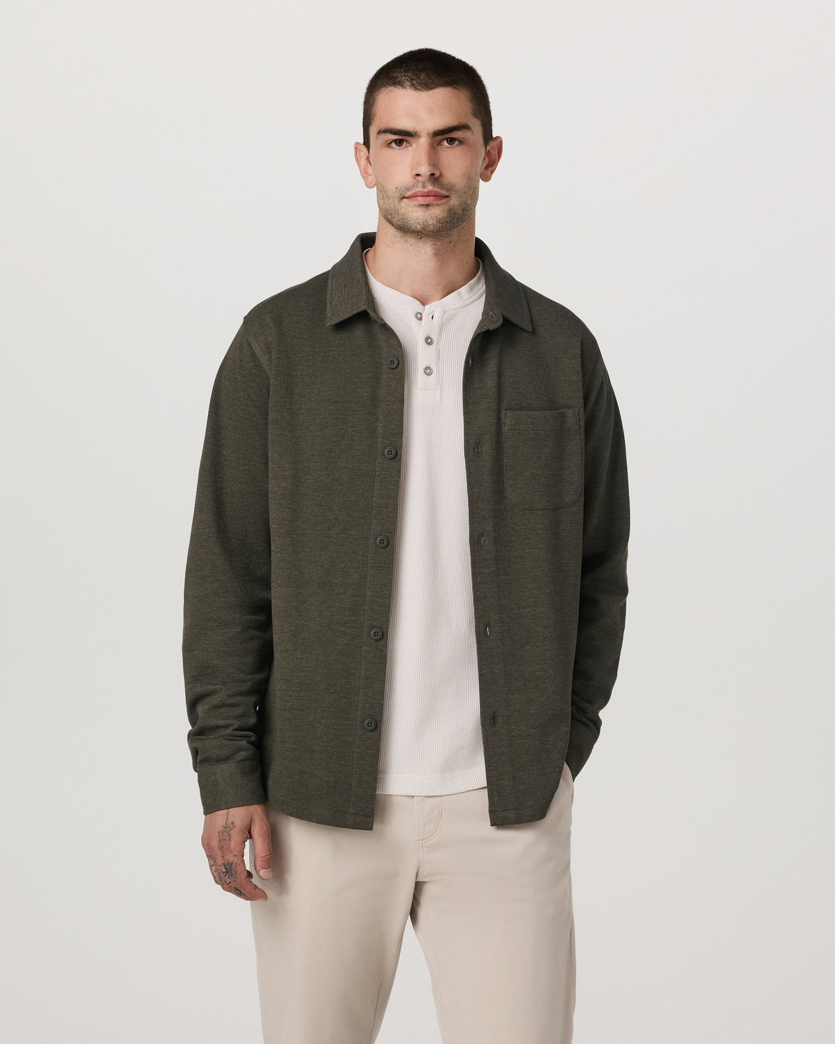 Men Vuori Jeffreys Overshirt Men's Olive Heather Button-Up Shirt