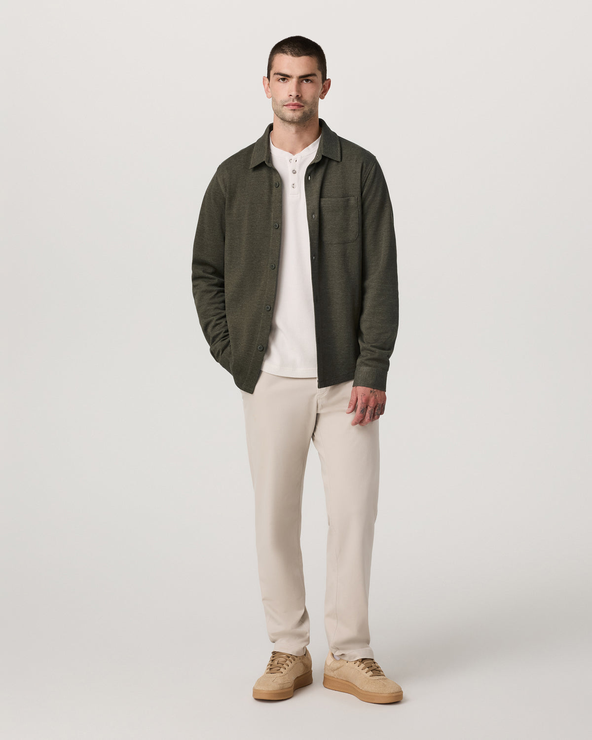 Men Vuori Jeffreys Overshirt Men's Olive Heather Button-Up Shirt