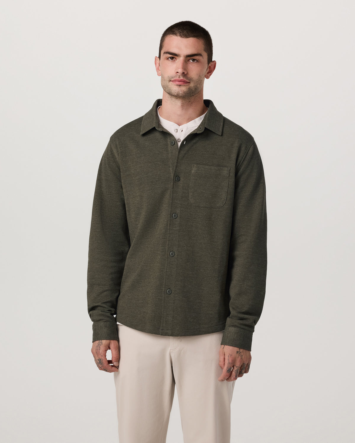 Men Vuori Jeffreys Overshirt Men's Olive Heather Button-Up Shirt