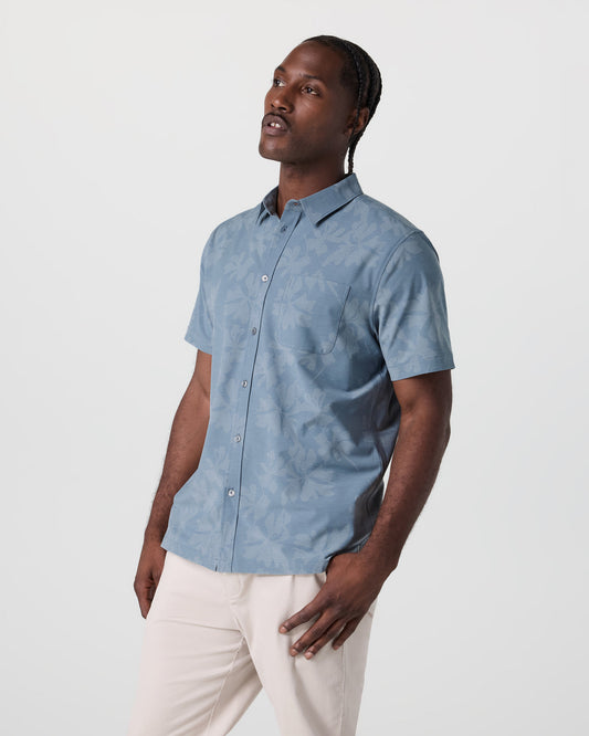 Men Vuori Short Sleeve Bridge Button Down Dusty Blue Plumeria
